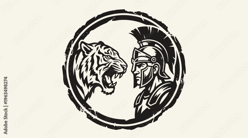 Fototapeta premium Tiger and Gladiator Facing Each Other.