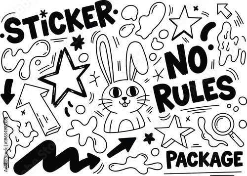 Sticker package illustration with bunny and text