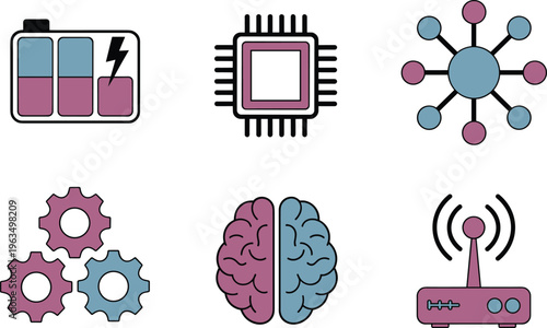 Technology and innovation icons set featuring battery chip network gears brain and wireless router in modern flat vector illustration style
