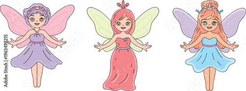 Three cartoon fairies with colorful wings and dresses standing side by side fairy