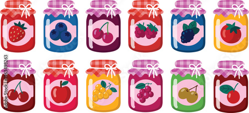 Colorful fruit jam jars vector set, homemade preserves with strawberry, blueberry, cherry and grape labels, cute glass jars with fabric lids illustration