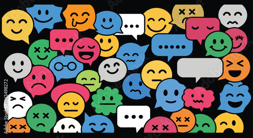 A colorful collection of emoticon faces and speech bubbles on a black background