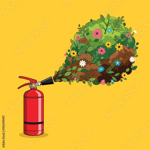 Red fire extinguisher spraying out colorful flowers green bushes and fertile soil instead of foam to represent environmental restoration concept.