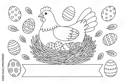 Cheerful hen sitting on a beautifully decorated nest full of easter eggs in a vector surrounded by colorful polka dot eggs and leaves