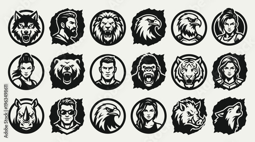 Black and white animal heads icons.