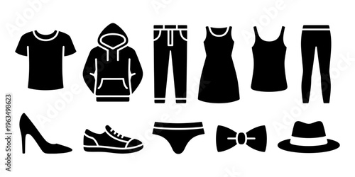 Vector collection of fashion icons that include various clothing items and accessories.