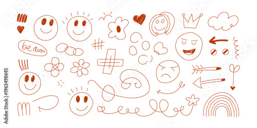 Vector of a variety of doodles including smiley faces, clouds, hearts, and playful arrows.