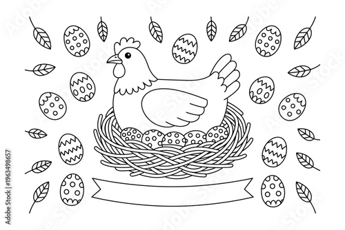 Vector depicting a hen sitting on a nest with patterned easter eggs surrounded by falling leaves