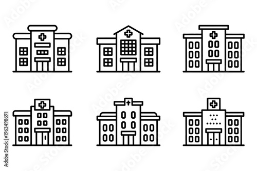 Collection of six vector hospital buildings illustrated in minimalist line art style.