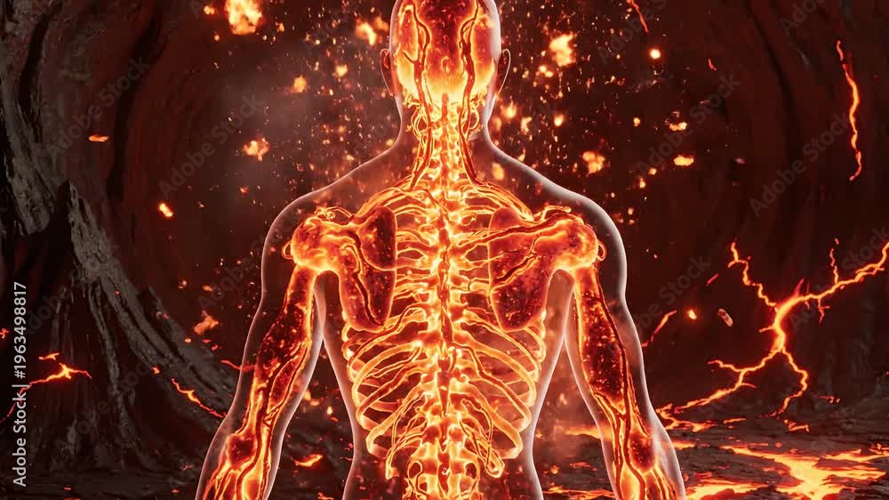 Lava Humann Flaming human nervous system illustration glowing against volcanic lava ...
