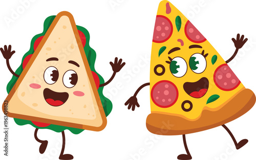 Cute sandwich and pizza slice characters with smiling faces colorful cartoon food mascots fun kids illustration design
