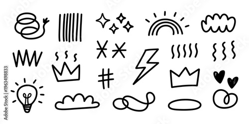Vector of a variety of hand-drawn icons and doodles including stars, hearts, crowns, and more.