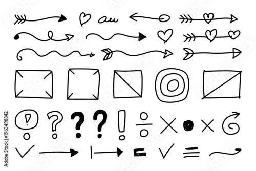 Collection of hand-drawn vector arrows, shapes, and symbols in a variety of styles and designs for visual communication