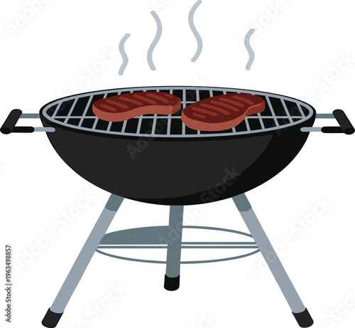 Barbecue grill vector with steaks, outdoor charcoal bbq party concept, isolated on a white background
