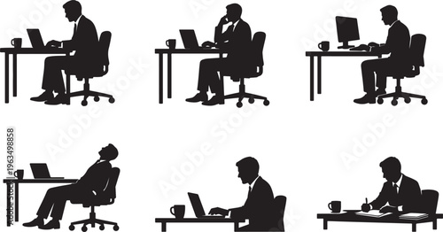 Man working at desk silhouettes: office tasks and computer use with office worker with business person