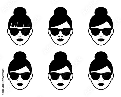 Vector of six identical female faces with sunglasses and hair tied up in a bun