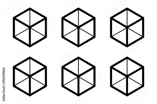 Vector of six cube icons with internal diagonal lines and geometric shapes