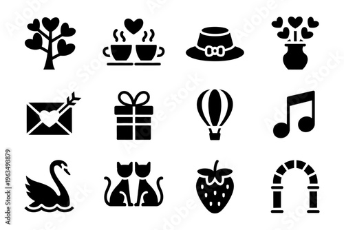 Vector of a variety of icons including romantic symbols, animals, and nature-inspired elements