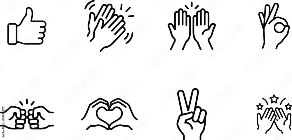 Fototapeta premium A set of hand gestures drawn in a simple black line style on a white background