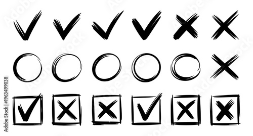 Vector of black hand-drawn tick marks, circles, and crosses arranged in neat rows