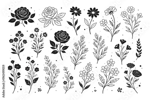 Black and white line collection of floral bouquets and botanical line floral bouquets flowers leaves