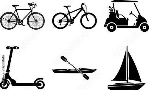 Silhouette icons of various recreational vehicles and watercraft for design use