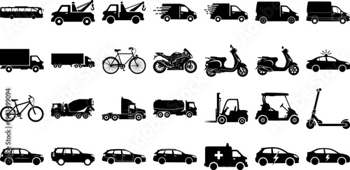 Collection of various vehicle silhouettes including cars trucks bicycles and scooters