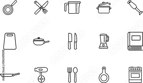 A collection of kitchen utensils and appliances in simple line drawings on a white background