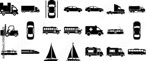 Collection of various vehicle silhouettes including cars trucks buses and boats