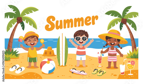 Cartoon-Style Summer Beach Scene with Kids, Beach Ball, Surfboards, Sandcastle, Flip-Flops, Sunglasses, Sun Hats, Ice Lolly, and Tropical Cocktail