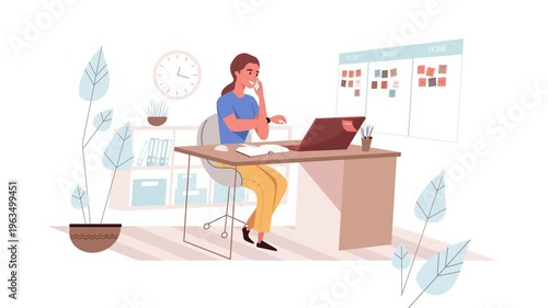 Woman working at desk on phone with laptop and task board illustration