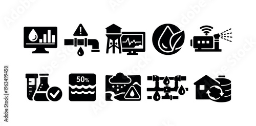 Smart water management icons set for environmental monitoring and conservation