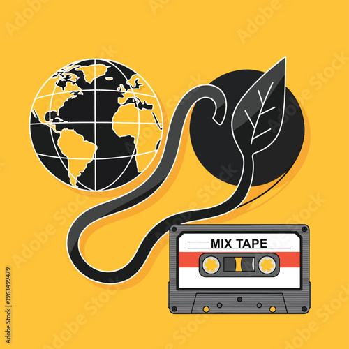 Cassette tape connected by a vine to a half-black earth and half-black leaf, symbolizing the harmony between music and nature.