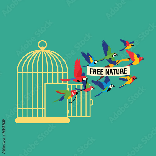 Parrots flying out of an open birdcage with banner 'free nature' representing liberation and freedom from captivity for wildlife and natural world.