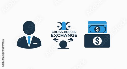Cross-border exchange icons illustrating international money transfer, currency exchange, and global finance with businessman silhouette