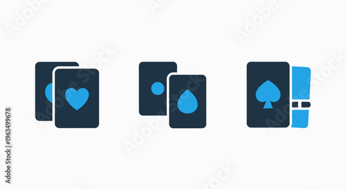 Set of flat icons representing playing cards, including hearts, diamonds, and spades, symbolizing games and chance, flat design