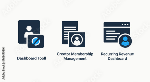Dashboard tool icons for business management: user profiles, membership tracking, and recurring revenue analytics for financial planning and performance review