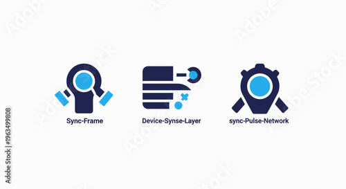 Data science icons: synergy frame, virtual layer, and focus network representing artificial intelligence, machine learning, and digital transformation concepts