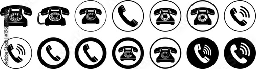 Collection of vintage and modern telephone icons in black and white