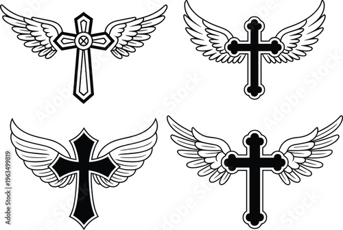 Set of winged cross symbols combining Christian faith and angel wings in detailed black line art spiritual emblem collection