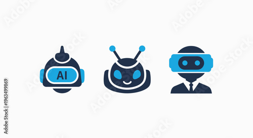 Three AI robot icons with AI text, antenna, and vr headset showing technology and artificial intelligence concept