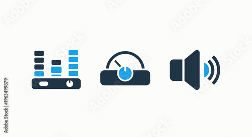 Audio equalizer, volume meter, and speaker icon illustrating sound control, music, and audio technology concepts, vu meter