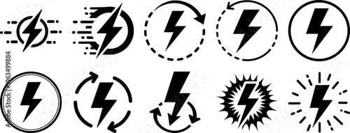 Collection of lightning bolt icons in various styles and designs for energy concepts