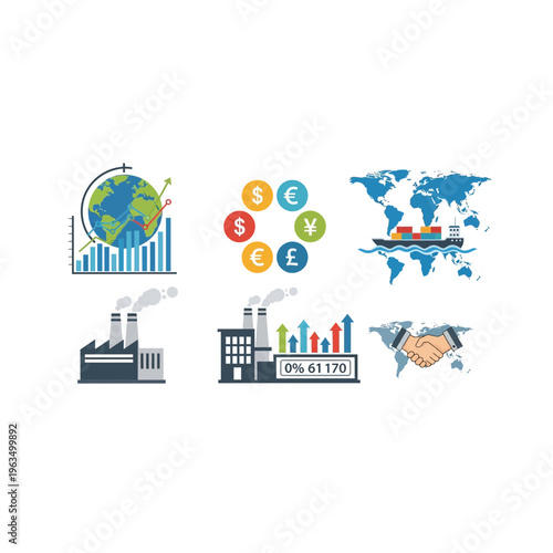 Global trade and industrial finance icon set