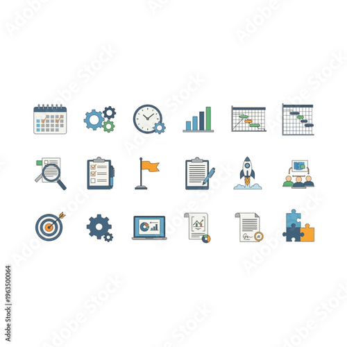 Business and project management flat icon set