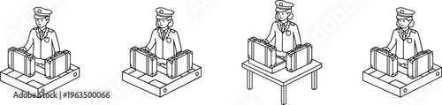 Customs and border protection officer inspecting luggage vector icon set featuring security personnel in outline and colored styles.