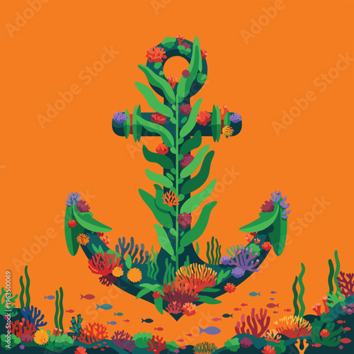 A vibrant marine anchor adorned with colorful coral, seaweed, and small fish, set against a rich orange background, celebrating ocean life.