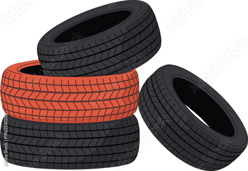 Stack of car tires with detailed tread patterns including red and black wheels isolated vector illustration automotive equipment design