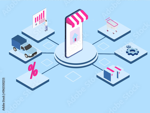 Isometric Detailed Online Shop Marketplace Mobile Application Isometric Illustration