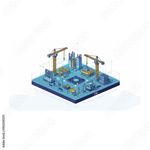 Isometric industrial construction site concept with cranes and machinery